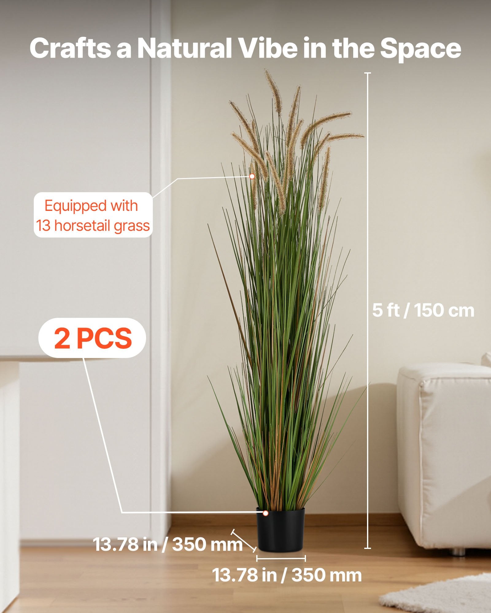 Artificial Grass Plant, 2 Pack 59 Inch Horsetail Reed Grass In Pot, Premium PVC Faux Fake Greenery Shrubs Plant For Indoor Outdoor House Home Garden Office Room Décor, Housewarming, Green
